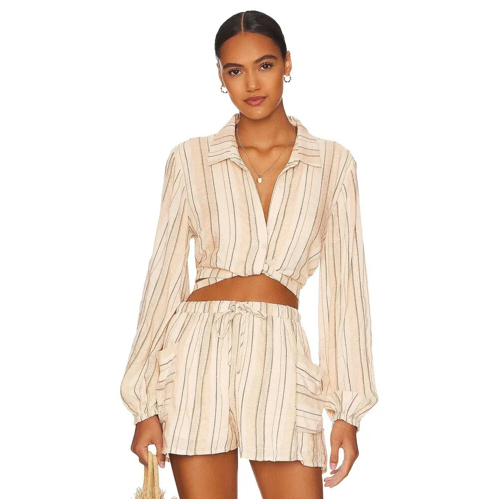 L*Space SOLDOUT Revolve Play it Cool Crop Button Up Stripe Top (S) - Picture 7 of 7